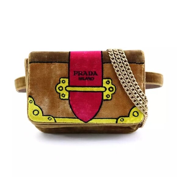 PRADA Crossbody Shoulder Bag Belt Bag Brown/Magenta/Yellow Velvet - Picture 1 of 13